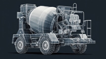 Wireframe render of a cement truck; blueprint style with geometric meshes and wheels against a solid background