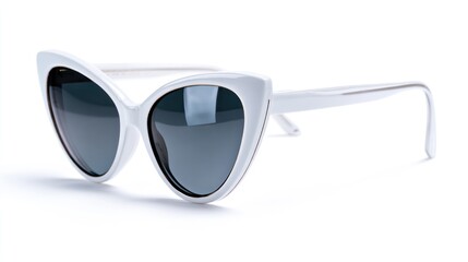 Stylish white cat-eye sunglasses with dark lenses resting on a white surface, angled for detailed view