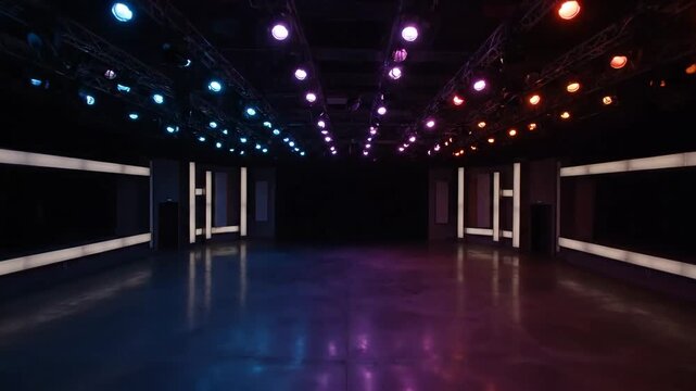 Empty modern stage setup with colorful illumination and black backdrop.