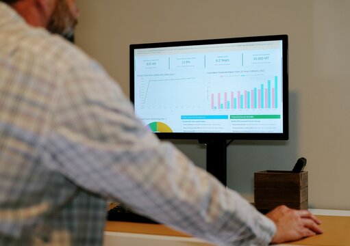 Middle Aged Business Analyst Reviews Clean Energy Conversion Executive Report from Home Office - Green Power Long Term Savings Concept