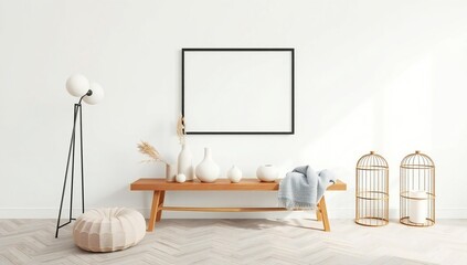 Obraz premium Modern scandinavian entryway with wooden bench and blank framed art