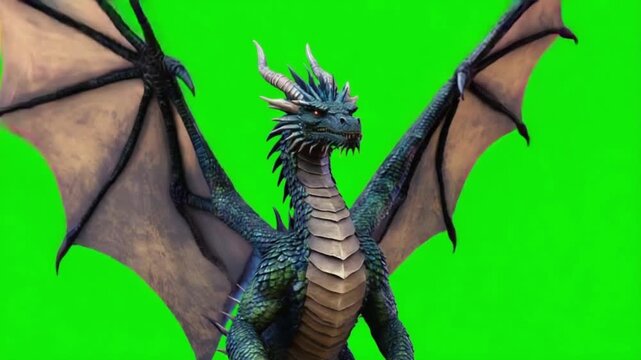 Dragon with large wings spread wide on a bright green screen for easy video editing usage now dragon green screen video