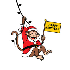 Santa Monkey Holding Happy New Year Flag Cartoon Illustration