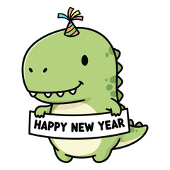 Cute dinosaur holding Happy New Year banner wearing party hat
