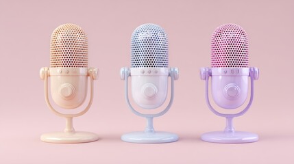 Three pastel-colored vintage microphones stand in a row against a light pink background