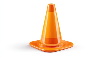 Isolated bright orange traffic cone with round base, casting shadow on a white surface