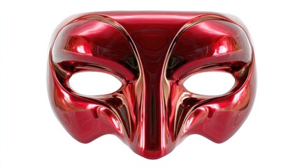 Glossy red mask with eyeholes, reminiscent of a stylized bird, against a clean white background