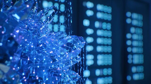 Abstract blue data crystals with data array background.