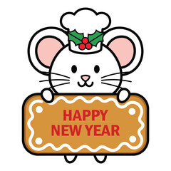 Cute Chef Mouse Holding Happy New Year Gingerbread Sign Cartoon Vector