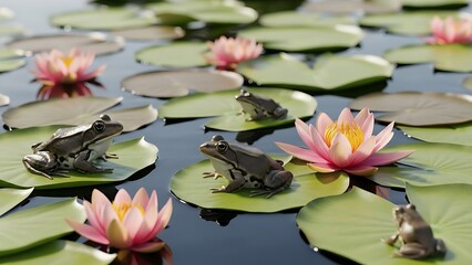 Four realistic frogs rest peacefully on green lily pads among blooming pink water lilies in a tranquil pond setting.