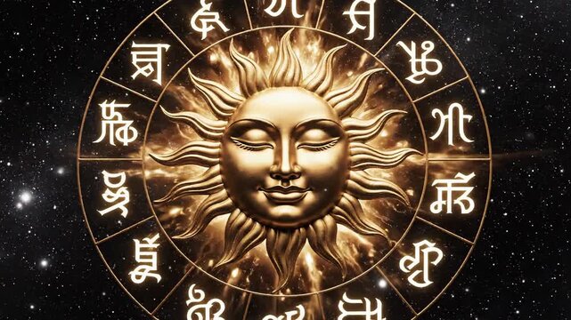 Golden Sun Zodiac Wheel with Astrological Signs in a Starry Night Sky.