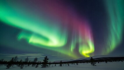 Vibrant green and magenta aurora borealis dance over a snowy arctic forest. A breathtaking celestial display of northern lights illuminating the starry night sky over the tundra.