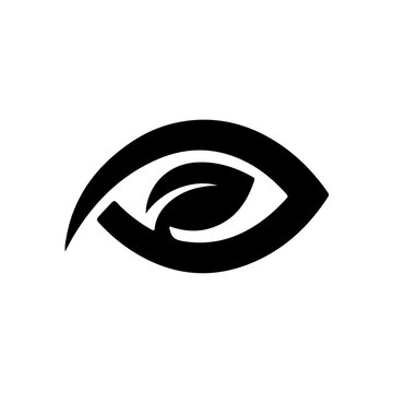 Black and white stylized eye logo with a leaf shape inside