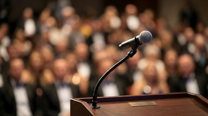 Close up microphone on wooden podium ready for public speaking during professional conference with blurred audience and warm stage lighting bokeh