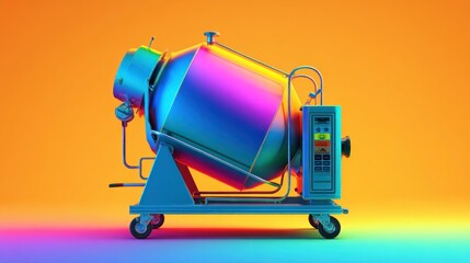 A vibrant, rainbow-hued industrial rotating drum mixer sits on wheels against a similarly hued orange background.  It features a control panel and various pipes and valves