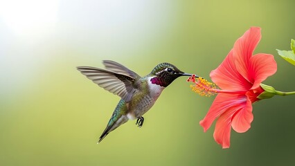 Obraz premium A stunning ruby-throated hummingbird hovering mid-air while feeding on a vibrant pink hibiscus flower. A crisp close-up capturing nature's grace and agility in a garden setting.