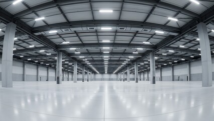 Vast Empty Modern Industrial Warehouse Interior with Concrete Pillars and Bright Lighting, Expansive Clean Factory Floor