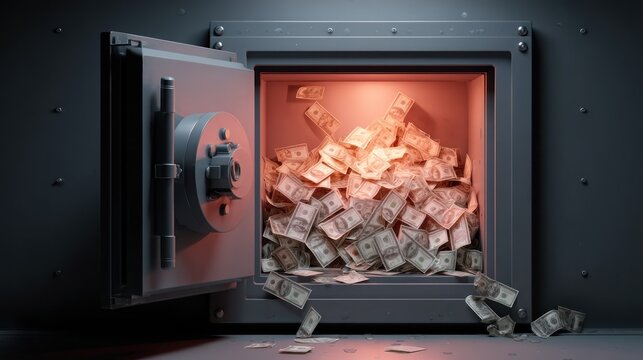 An open, gray metal vault spills numerous dollar bills, illuminated by an inner, warm light; bills overflow onto the dark floor