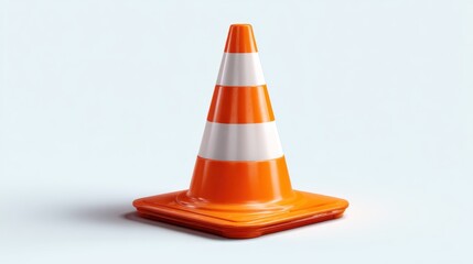 Bright orange cone, white stripes, centered on light surface. Simple warning object