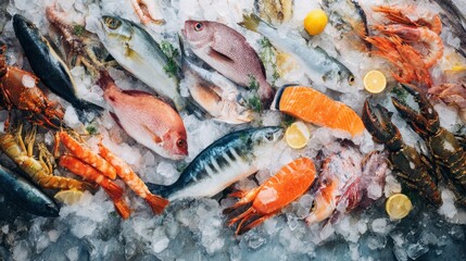 Assorted fresh seafood rests on crushed ice a culinary bounty of fish, shrimp, lobster, oysters, and lemon