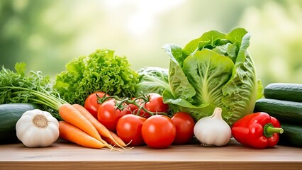 A vibrant bounty of fresh tomatoes, carrots, lettuce, garlic, and peppers arranged on a wooden surface. A celebration of healthy, organic, and farm-to-table nutrition.