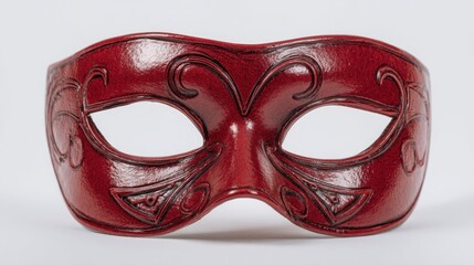 A crimson, eye-covering mask with dark, intricate scrollwork, likely leather-crafted, against a white backdrop. It appears elegant and refined