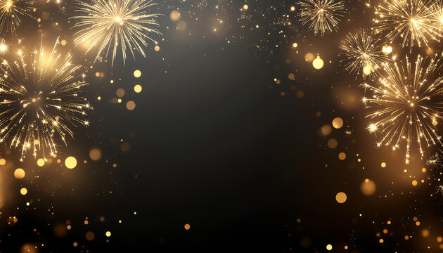 Luxury Black & Gold New Year Fireworks Background With Text Space