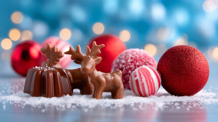 Chocolate reindeer and festive truffles with red bauble ornaments on snowy surface, cozy holiday dessert scene
