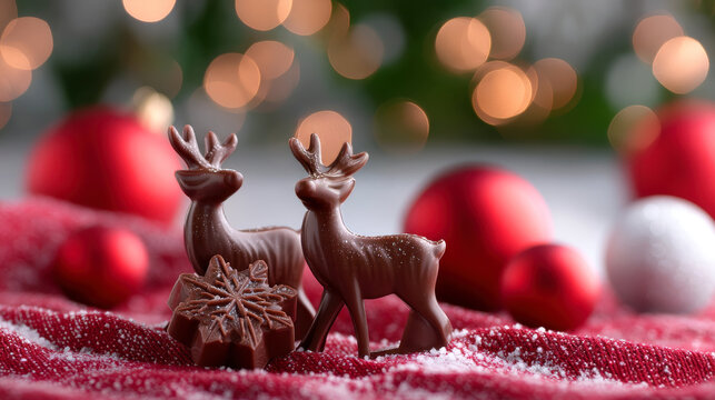 Chocolate reindeer chocolate snowflake Christmas ornament red bauble holiday bokeh festive fabric - Powered by Adobe