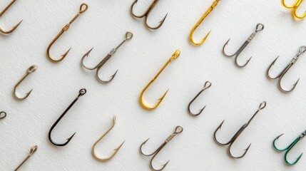 Assorted fishing hooks in gold, silver, and black evenly spread on white textured background