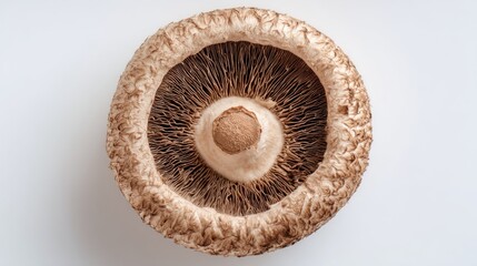 Fototapeta premium Overhead view of a large, flat portobello mushroom cap with detailed gills