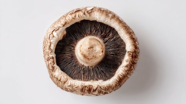 Capside Portobello mushroom seen from beneath on white, showcasing gills and stem detail