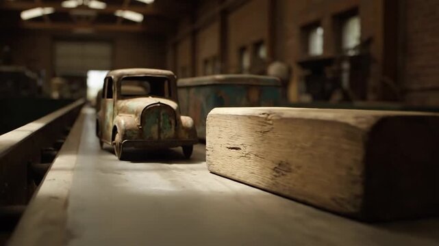 Antique objects on an assembly line in an industrial space indoors