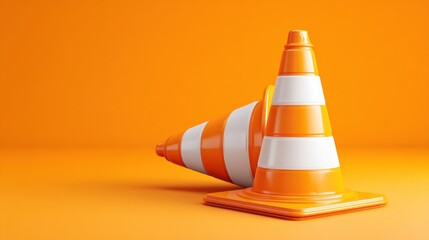 Two bright orange traffic cones with reflective white stripes rest on a matching orange background; one stands upright, the other leans slightly.  The scene is minimalist and digitally rendered