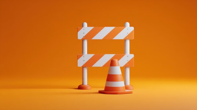 3D rendering of a striped barrier and cone against an orange background