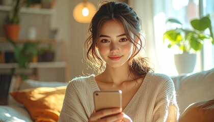 リビングでリラックスしながらスマートフォンを操作する女性 AI生成素材