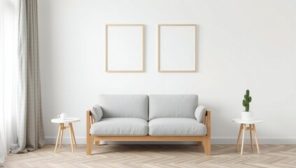 Modern living room with a light gray sofa and two empty picture frames