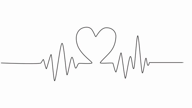 Continuous one line drawing of heart animation video. Heartbeat symbol. Pulse curve. Single line drawing, animation Single solid line art cardiogram anatomical human heart minimalism design.