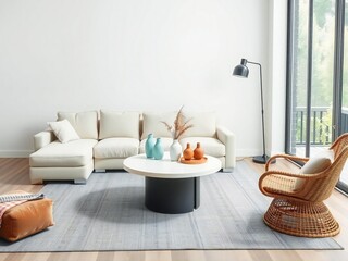 Fototapeta premium Modern living room with comfortable sofa rattan chair and stylish coffee table