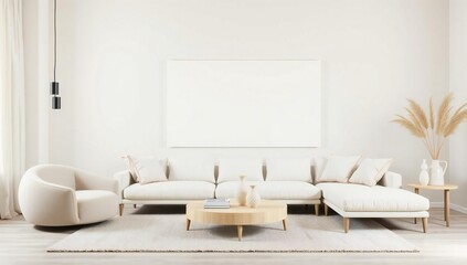 Modern living room with comfortable l shaped sofa and armchair in neutral tones