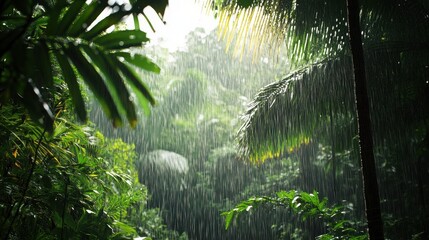 Rain falling in a lush green tropical rainforest with vibrant vegetation