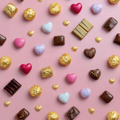 Obraz premium Heart shaped chocolate assortment on pink background with gold wrapped truffles and pastel candies evoking romance