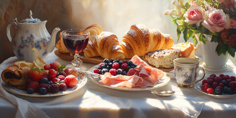 Elegant Breakfast Table with Fresh Pastries Fruits and Sunlight