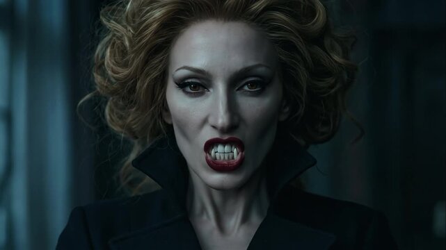 Close-Up of Brunette Vampire Woman with Hazel Eyes Gently Revealing Fangs in Foggy Room