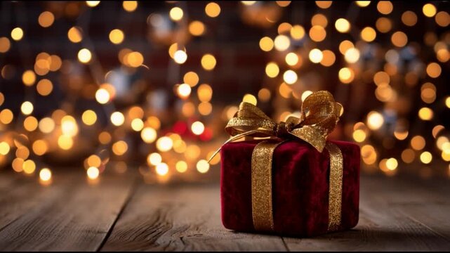 Wrapped gift box with golden bow and ribbon on wooden surface