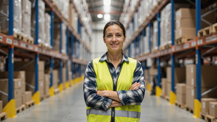 Smiling female warehouse worker in safety vest standing with arms crossed in aisle between tall shelves stacked with boxes