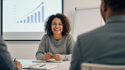 Smiling professional woman leading a business presentation with a rising bar chart projected on a screen in a meeting room