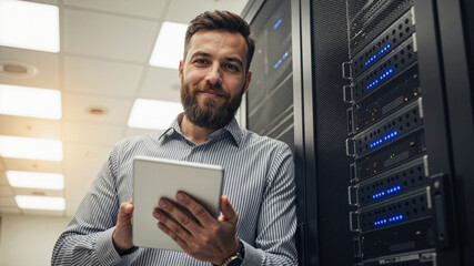 It professional or system administrator with a tablet standing in a server room next to a rack of servers