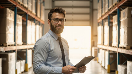 Portrait of warehouse manager or logistics professional with clipboard in storage facility aisle