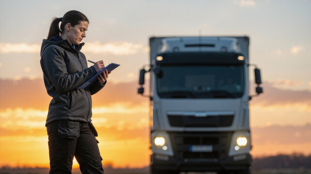 Female truck driver or logistics manager inspecting clipboard with large semitruck in background at sunset